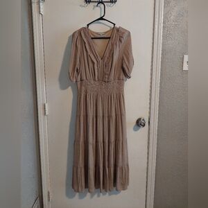 Tan Pleated Midi Sundress with V-Neck